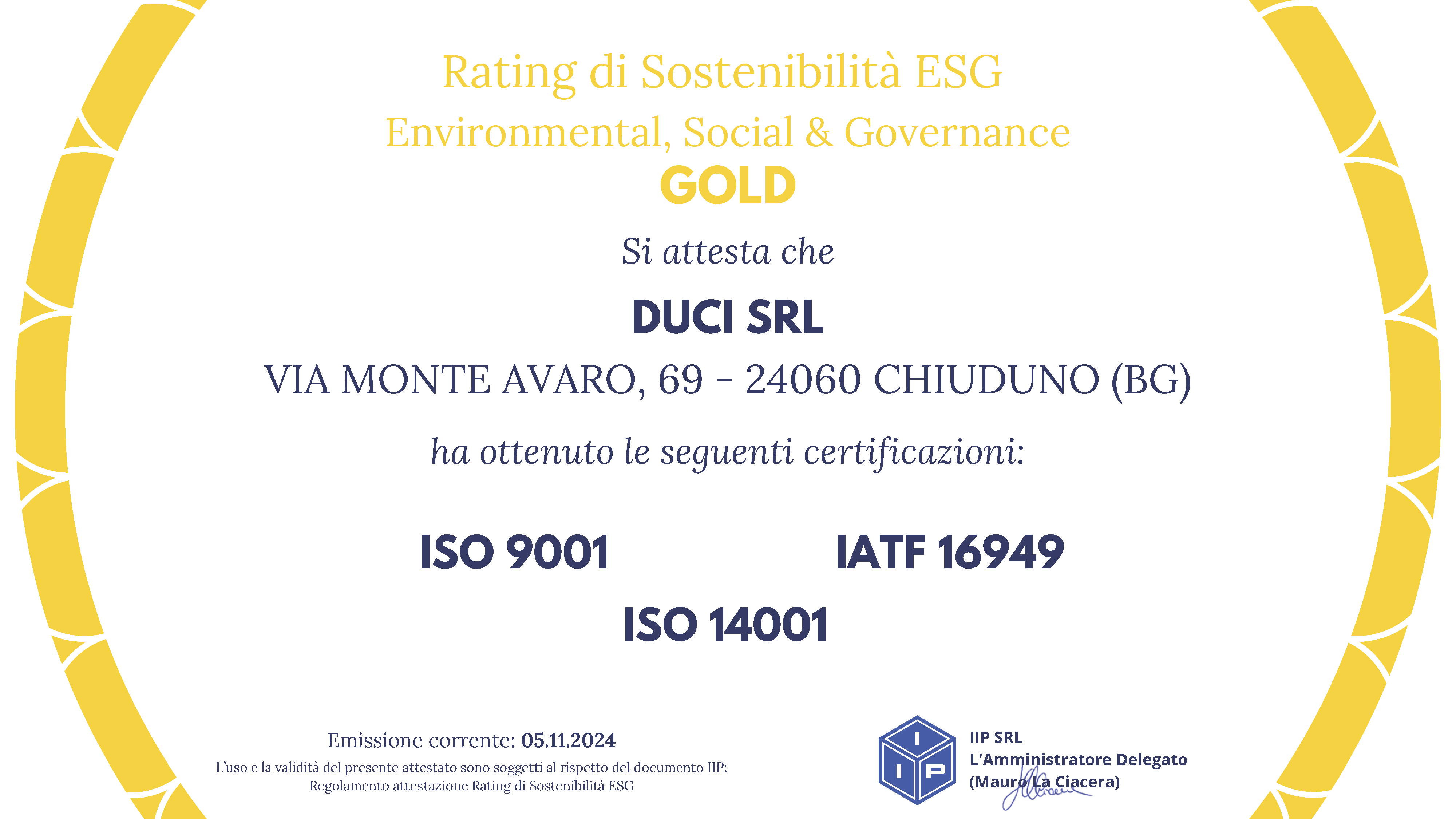 DUCI srl – Sustainability Rating ESG – GOLD